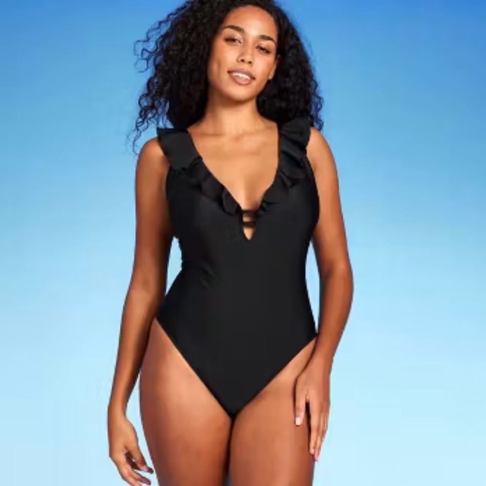 Elegant Black Ruffled One-Piece Swimsuit